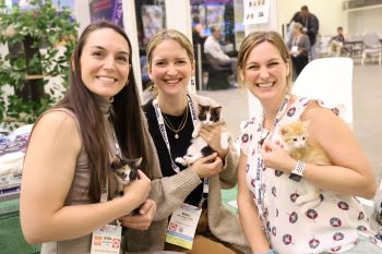 Three attendees smiling, holding kittens in the Cat Lounge